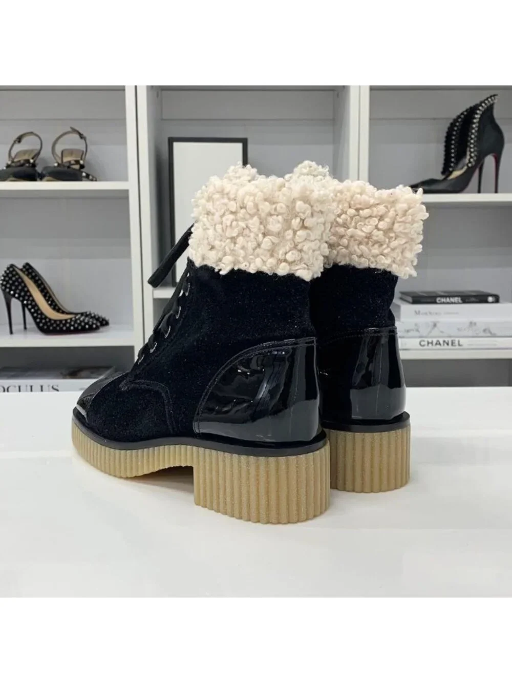 Chanel CC Logo Fabric Patent Fleece Short Boots